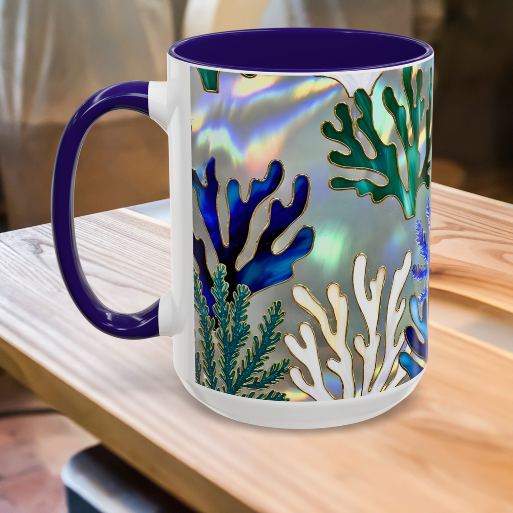 Coral Reef Mug, Stained Glass Style, Ocean Lover Gift Ocean Coffee Cup, Ocean Lover Cup 15oz