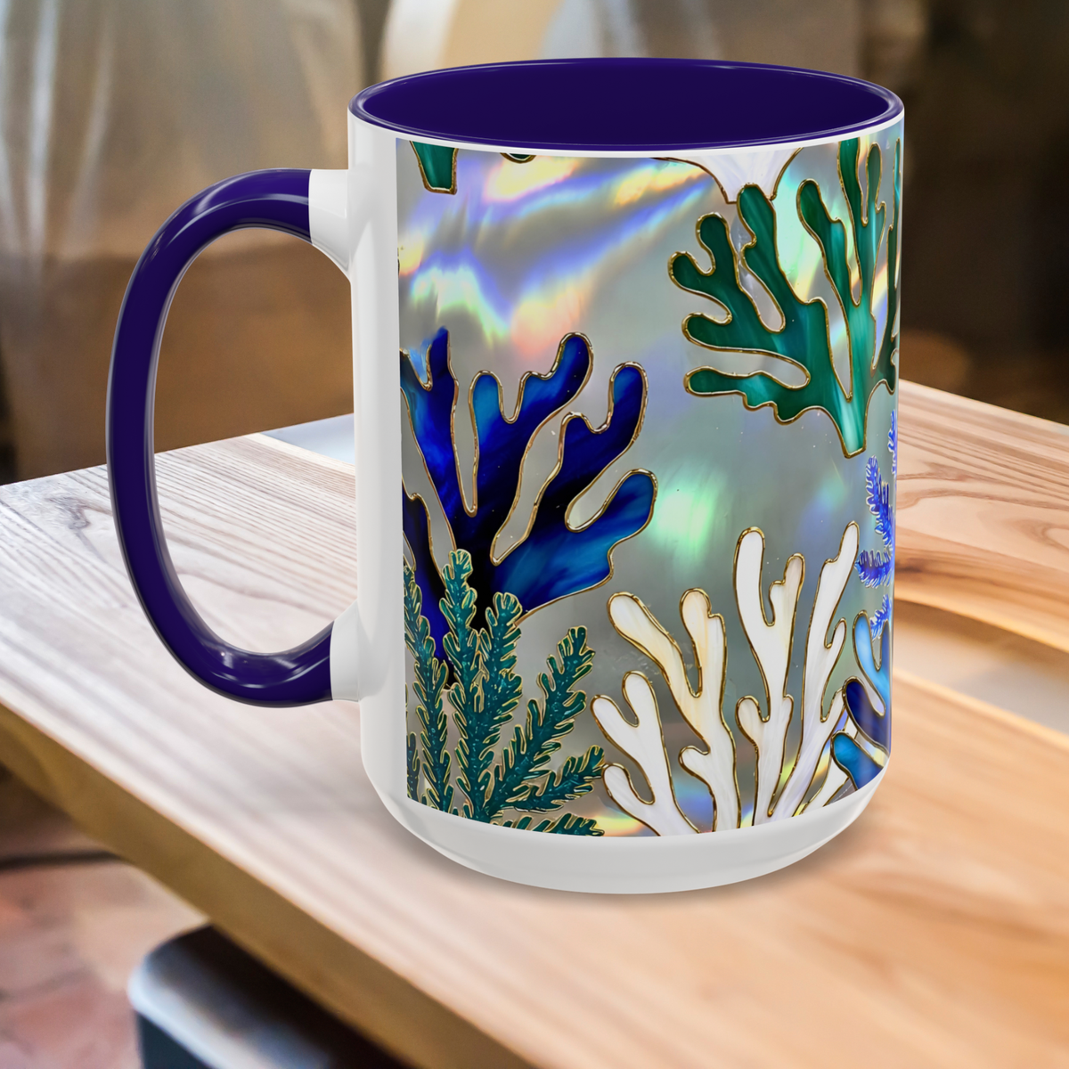 Coral Reef Mug, Stained Glass Style, Ocean Lover Gift Ocean Coffee Cup, Ocean Lover Cup 15oz