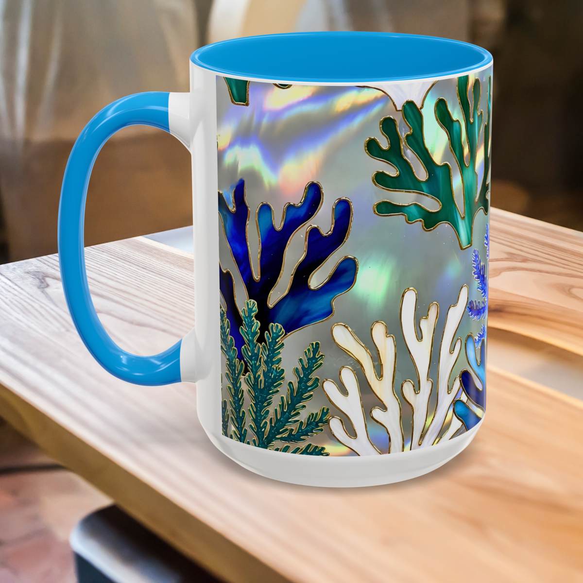 Coral Reef Mug, Stained Glass Style, Ocean Lover Gift Ocean Coffee Cup, Ocean Lover Cup 15oz