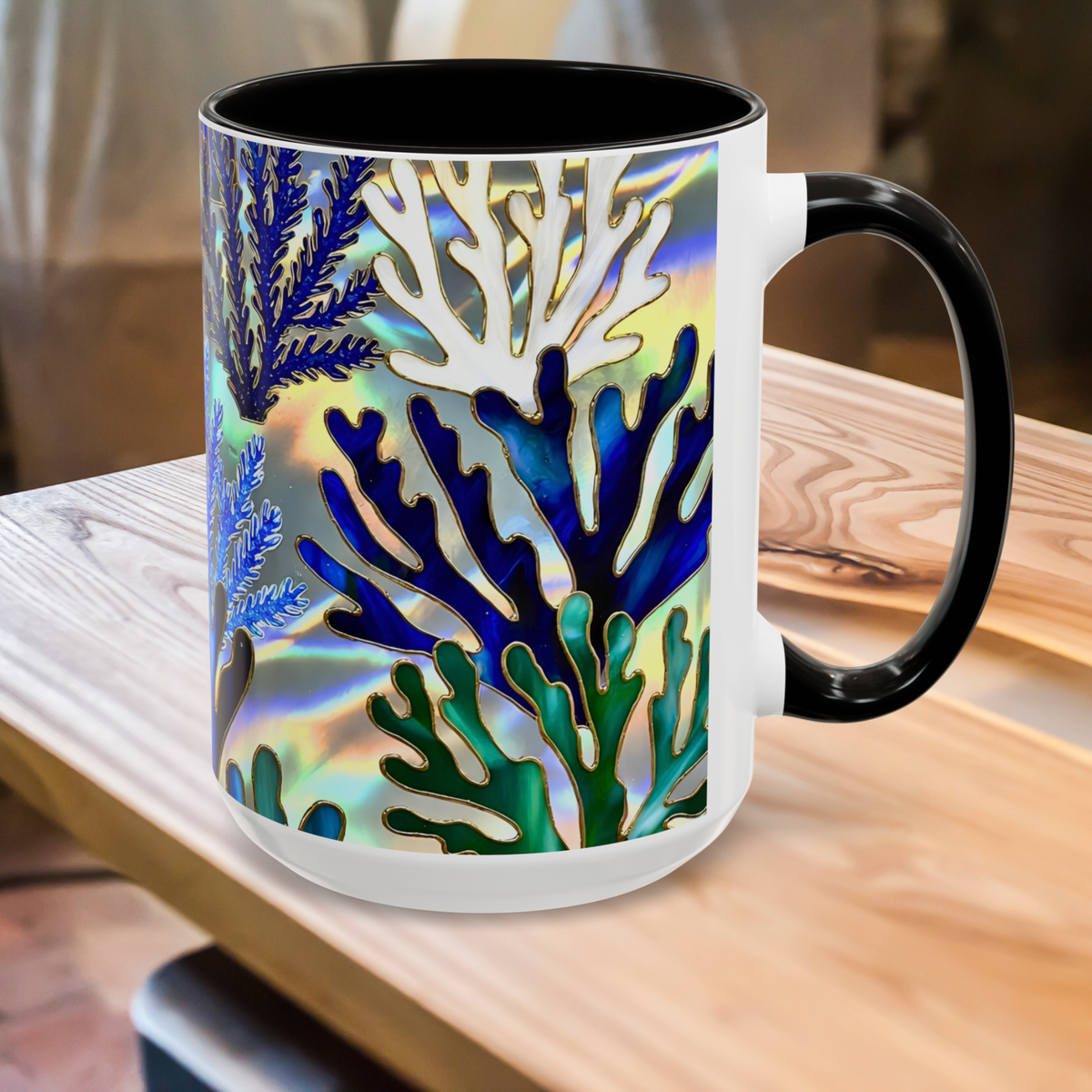 Coral Reef Mug, Stained Glass Style, Ocean Lover Gift Ocean Coffee Cup, Ocean Lover Cup 15oz