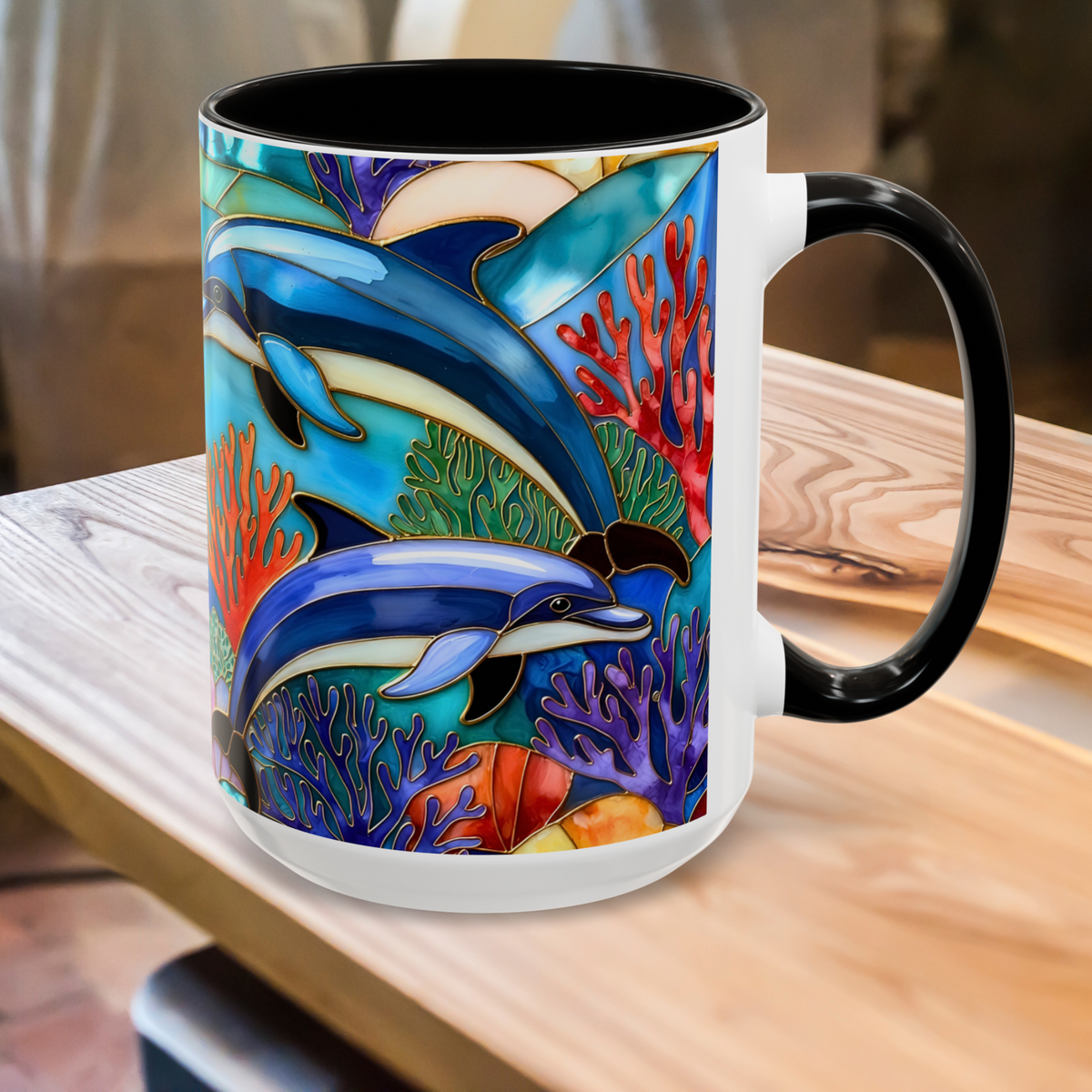 Dolphin Mug, Stained Glass Style Mug, Ocean Lover Gift, Ocean Lover Cup 15oz