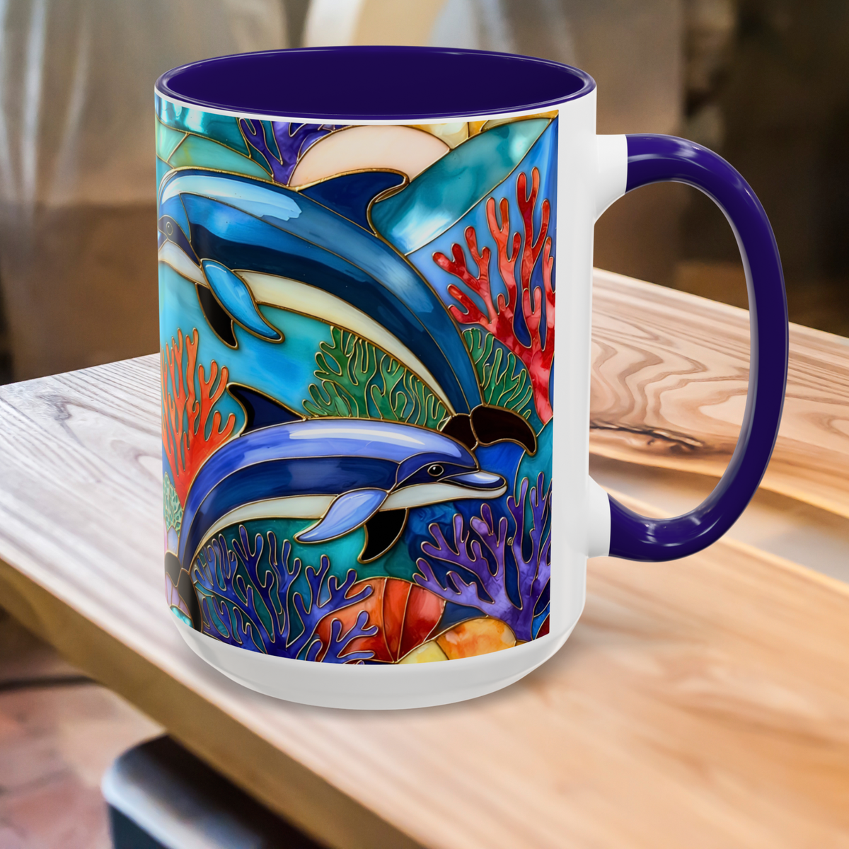 Dolphin Mug, Stained Glass Style Mug, Ocean Lover Gift, Ocean Lover Cup 15oz