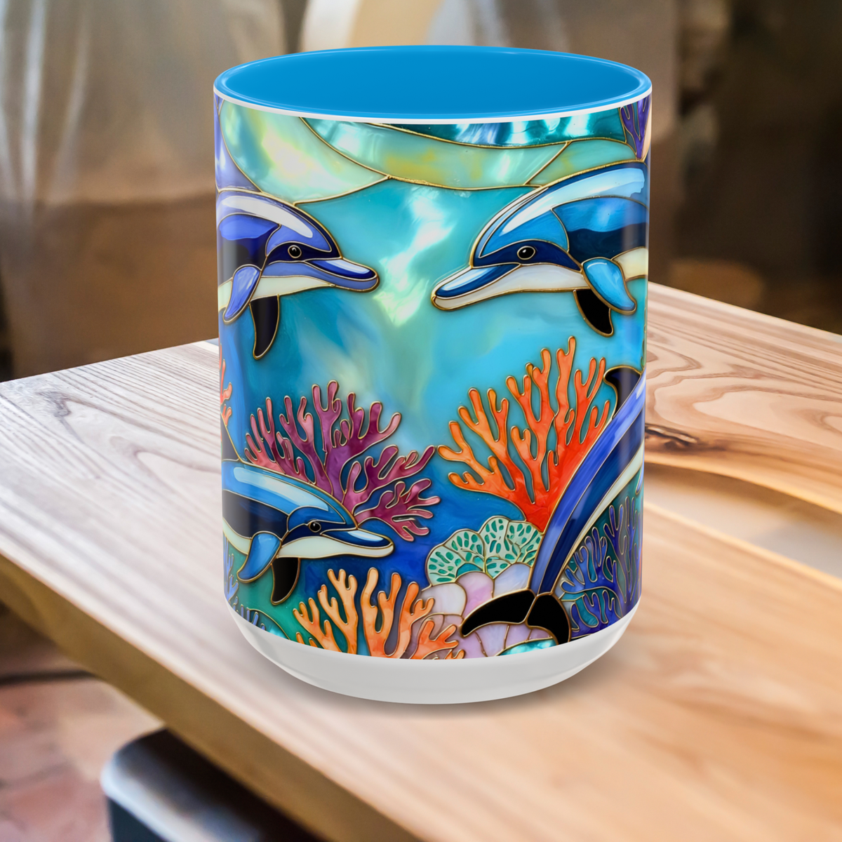 Dolphin Mug, Stained Glass Style Mug, Ocean Lover Gift, Ocean Lover Cup 15oz