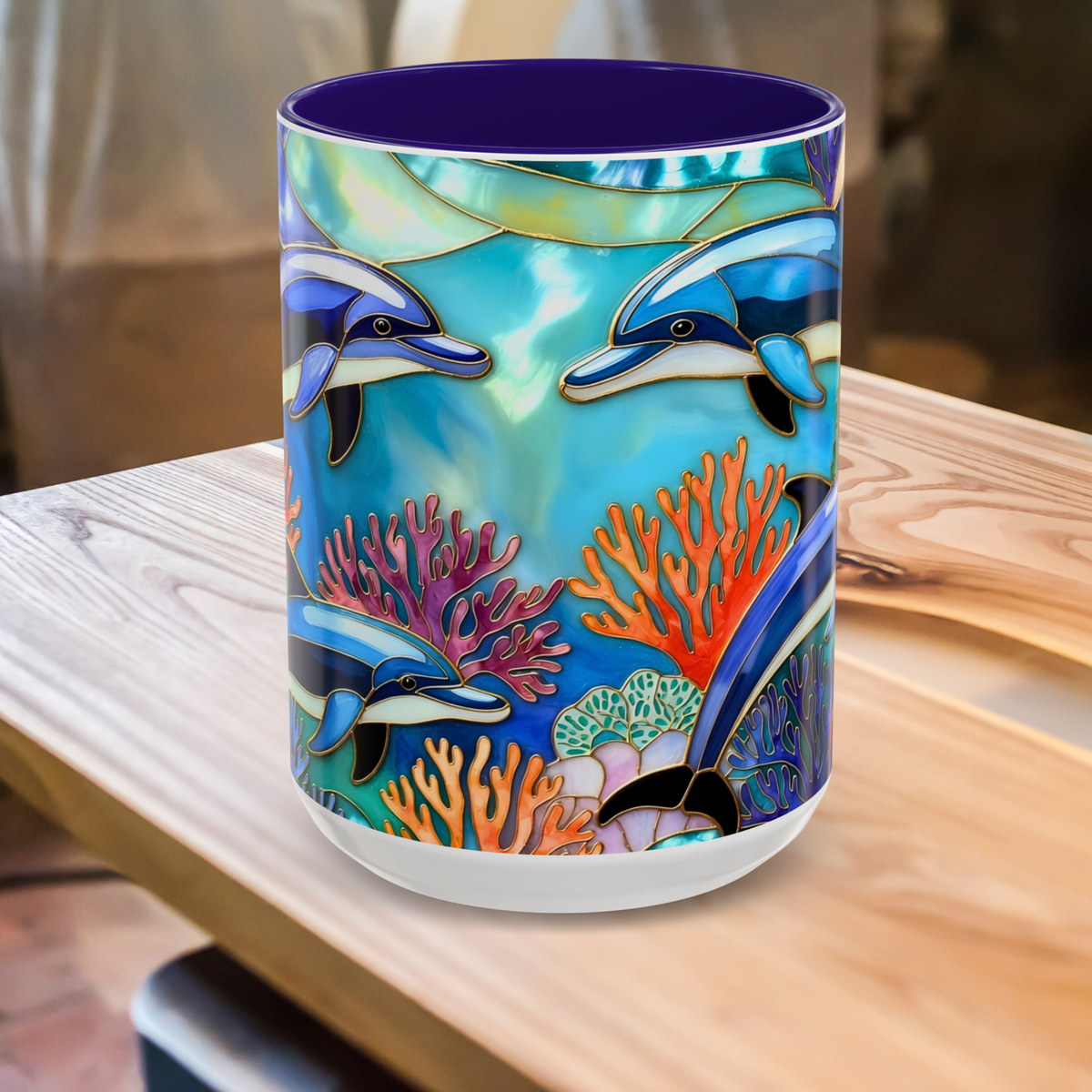 Dolphin Mug, Stained Glass Style Mug, Ocean Lover Gift, Ocean Lover Cup 15oz