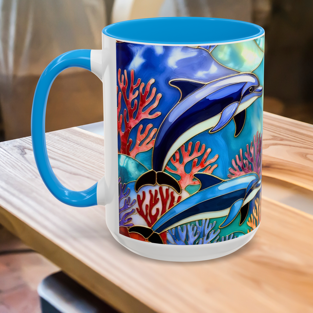 Dolphin Mug, Stained Glass Style Mug, Ocean Lover Gift, Ocean Lover Cup 15oz