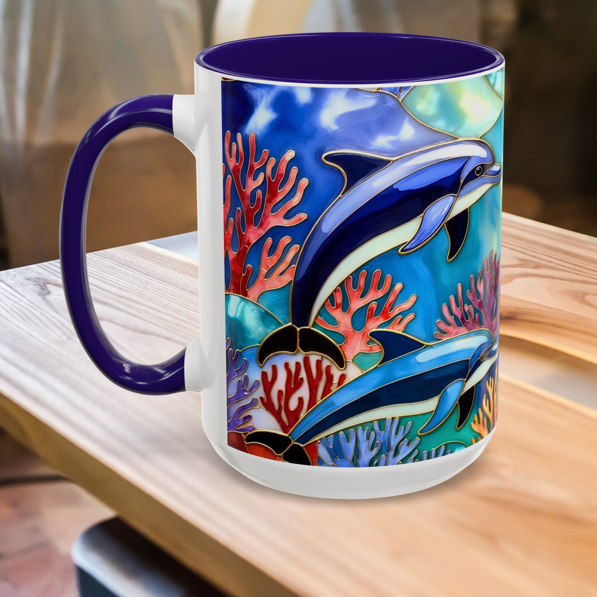 Dolphin Mug, Stained Glass Style Mug, Ocean Lover Gift, Ocean Lover Cup 15oz