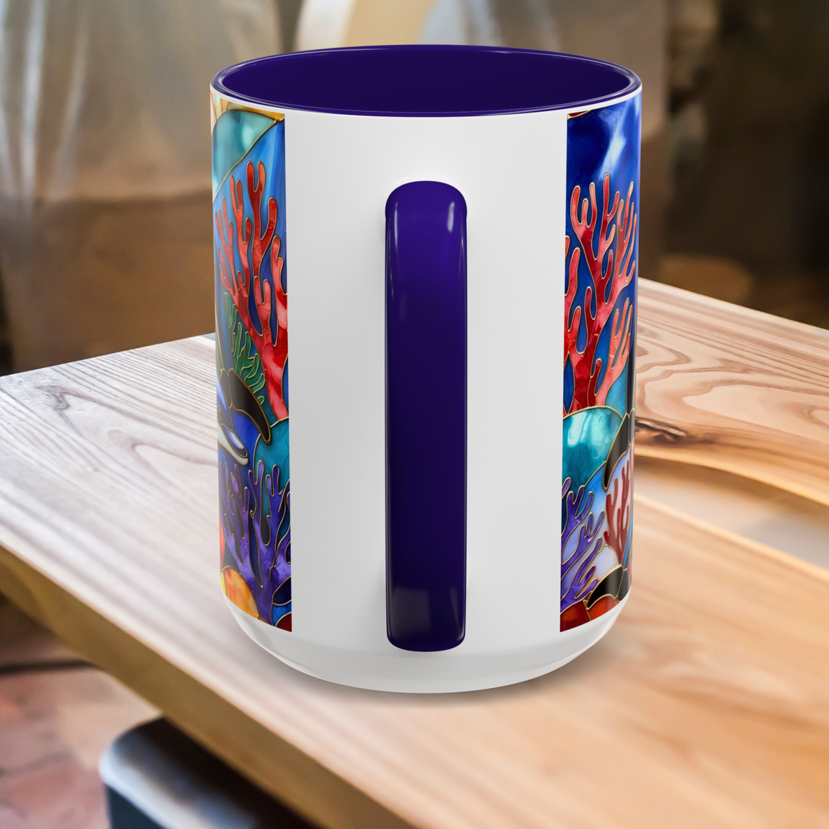 Dolphin Mug, Stained Glass Style Mug, Ocean Lover Gift, Ocean Lover Cup 15oz