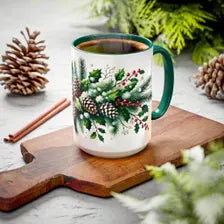 Snowy Garland Coffee Mug, Christmas Wreath Mug, Winter Holiday Ceramic Mug, Festive Garland Drinkware, Holiday Season Classy Mug Gift 15oz
