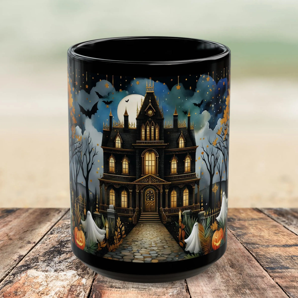Halloween Haunted House Coffee Mug, Unique Halloween Gift, Spooky Witchy Cup, Halloween Cup, Vintage Style Halloween Mug, Ghost Mug 15oz