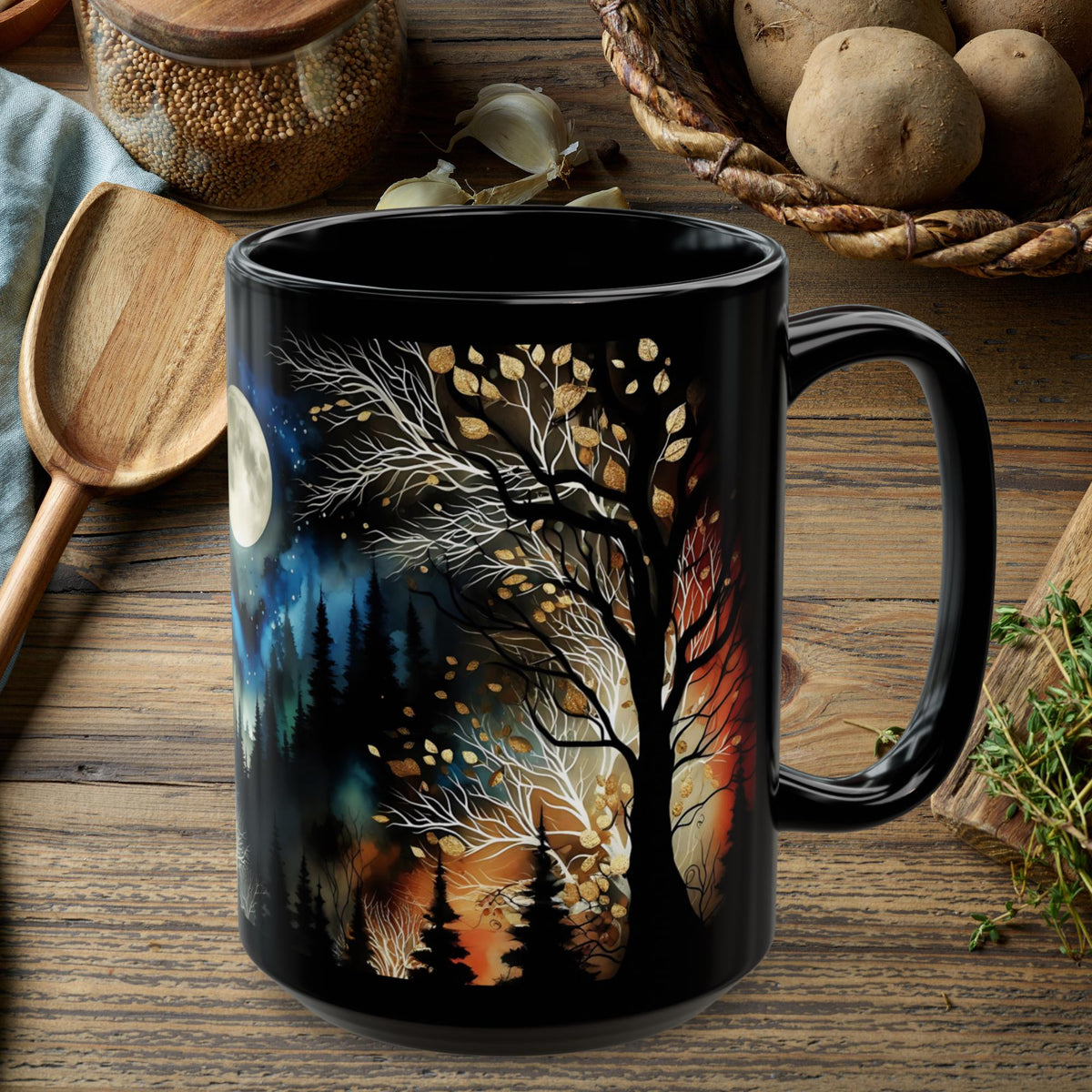 Witchy Moon Mug, Dark Forest Mug, Gothic Forest Dark Academia Mug, Mystical Night Coffee Mug, Mystical Forest Coffee Cup, Halloween Cup 15oz