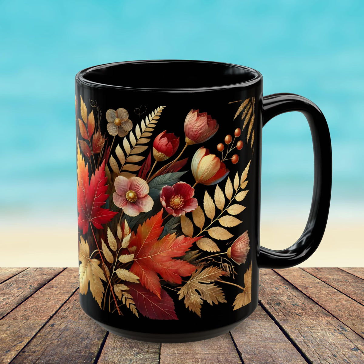 Fall Coffee Mug, Country Fall Autumn Mug, Maple Leaf Mug Pressed Flowers Leaves Style Mug Fall Colors Autumn Lover Gift Rustic Fall Mug 15oz