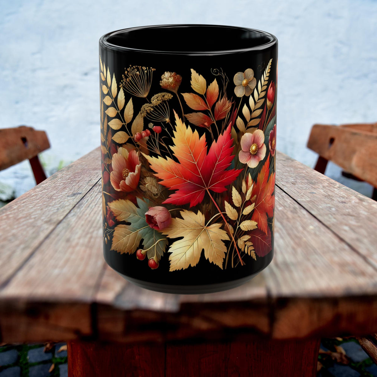 Fall Coffee Mug, Country Fall Autumn Mug, Maple Leaf Mug Pressed Flowers Leaves Style Mug Fall Colors Autumn Lover Gift Rustic Fall Mug 15oz