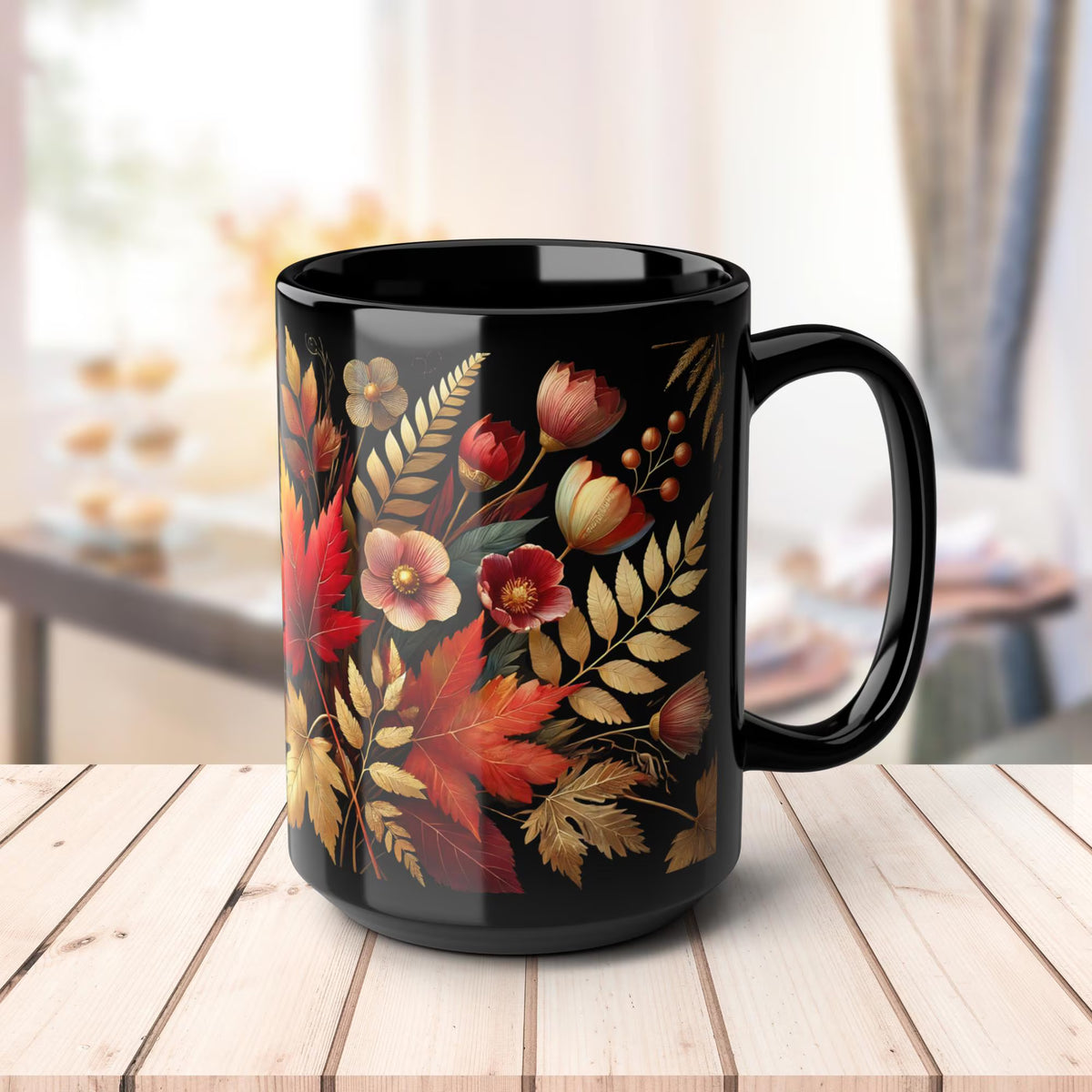 Fall Coffee Mug, Country Fall Autumn Mug, Maple Leaf Mug Pressed Flowers Leaves Style Mug Fall Colors Autumn Lover Gift Rustic Fall Mug 15oz