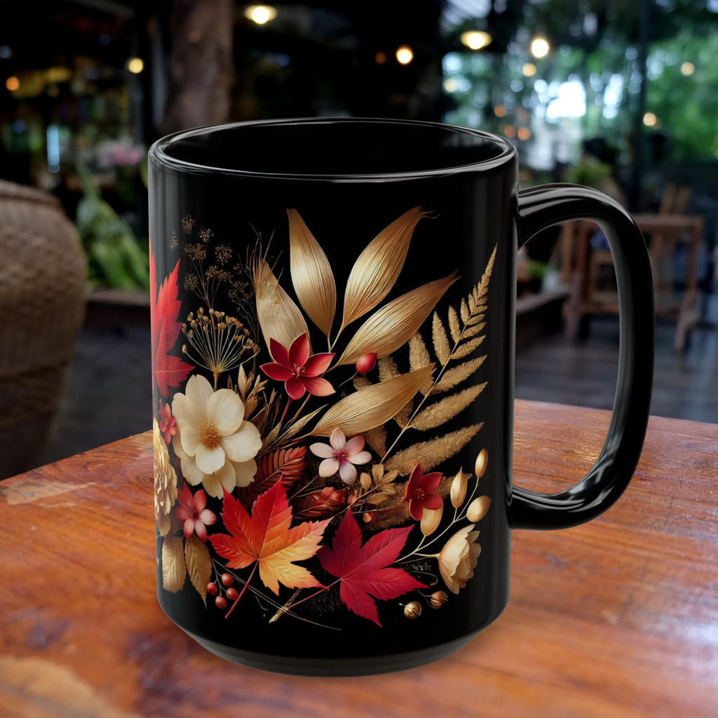 Fall Coffee Mug, Country Fall Autumn Mug, Maple Leaf Mug Pressed Flowers Leaves Style Mug Fall Colors Autumn Lover Gift Rustic Fall Mug 15oz