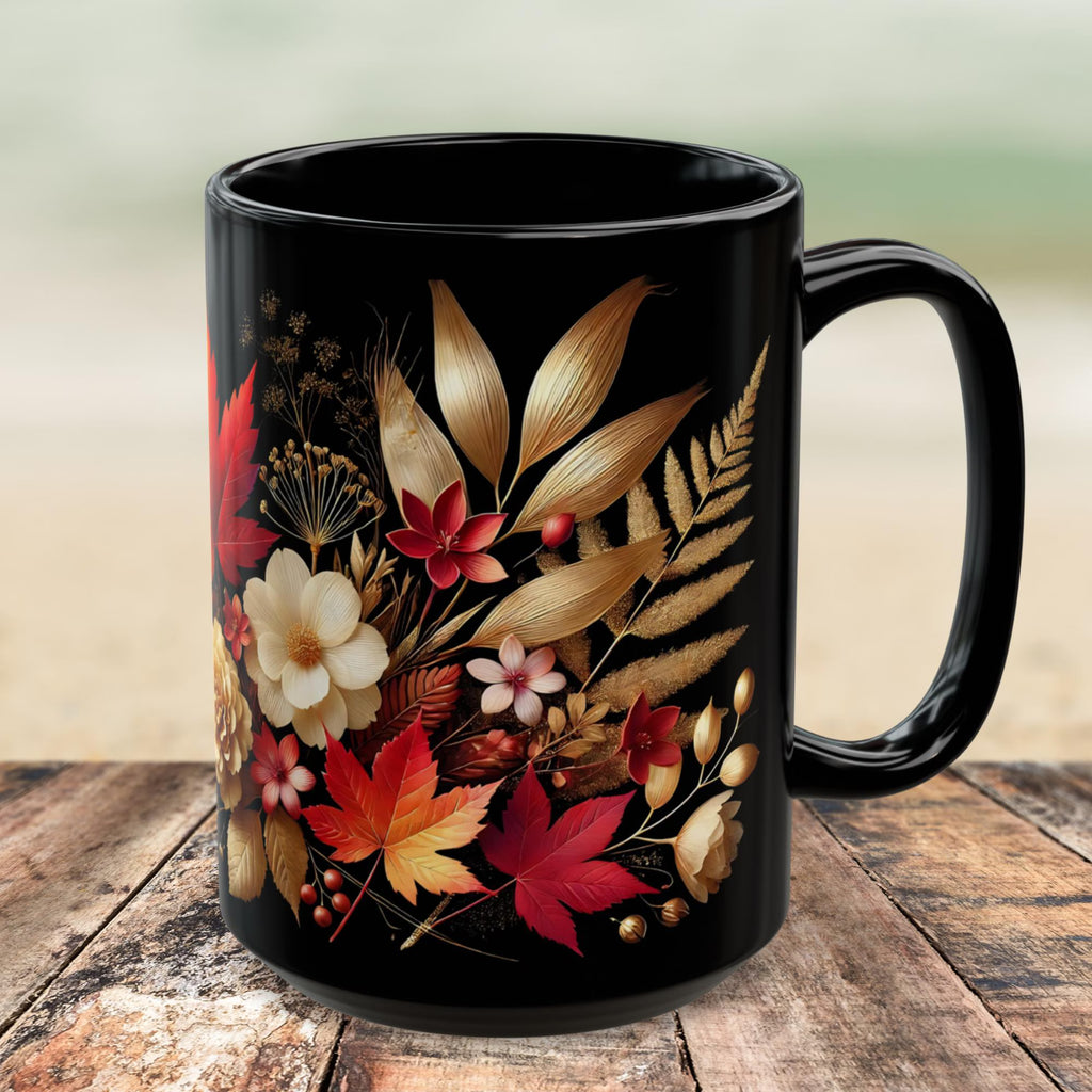 Fall Coffee Mug, Country Fall Autumn Mug, Maple Leaf Mug Pressed Flowers Leaves Style Mug Fall Colors Autumn Lover Gift Rustic Fall Mug 15oz