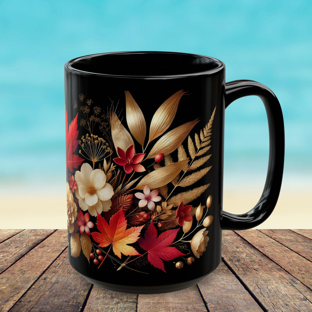Fall Coffee Mug, Country Fall Autumn Mug, Maple Leaf Mug Pressed Flowers Leaves Style Mug Fall Colors Autumn Lover Gift Rustic Fall Mug 15oz