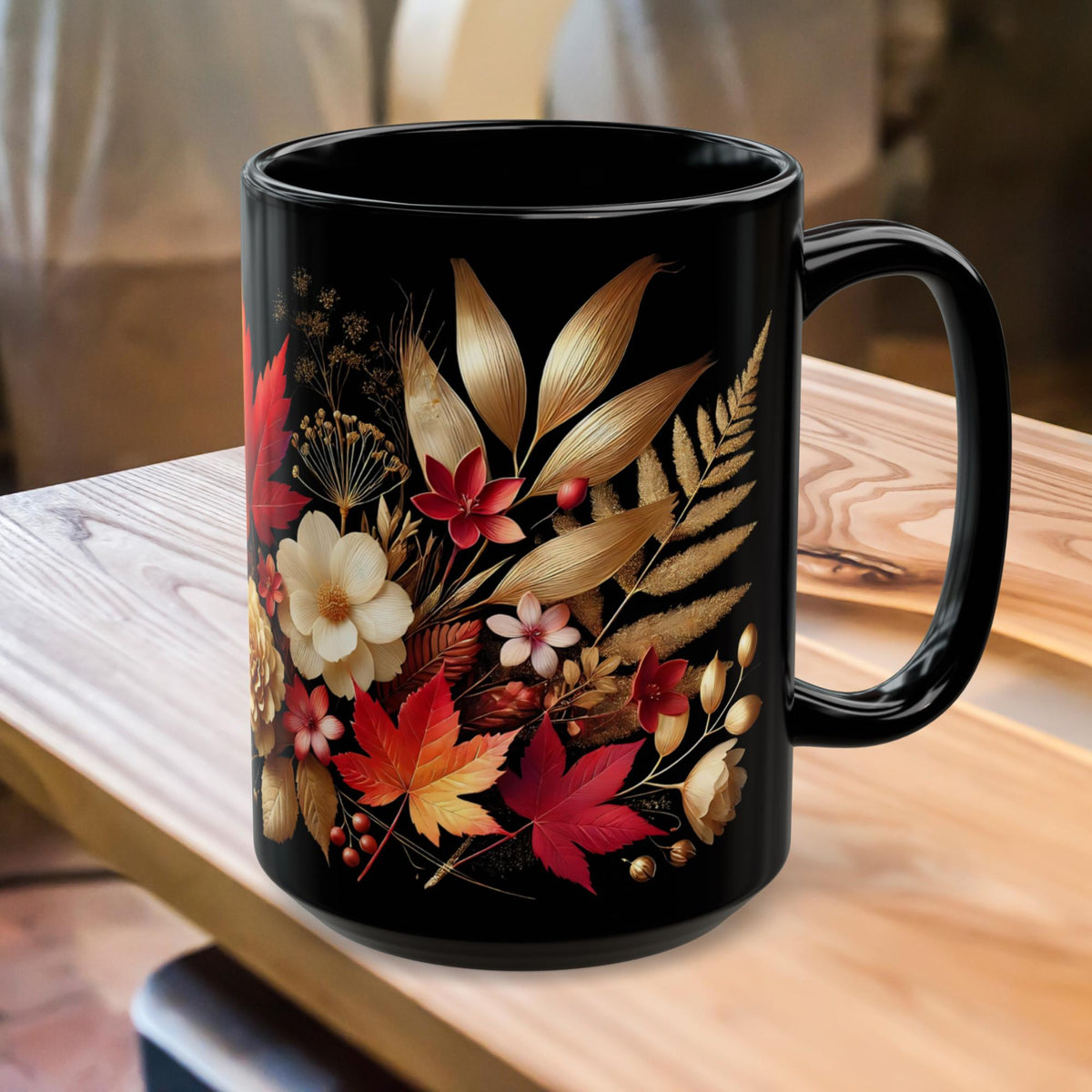 Fall Coffee Mug, Country Fall Autumn Mug, Maple Leaf Mug Pressed Flowers Leaves Style Mug Fall Colors Autumn Lover Gift Rustic Fall Mug 15oz