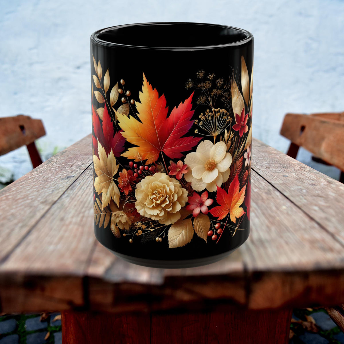 Fall Coffee Mug, Country Fall Autumn Mug, Maple Leaf Mug Pressed Flowers Leaves Style Mug Fall Colors Autumn Lover Gift Rustic Fall Mug 15oz