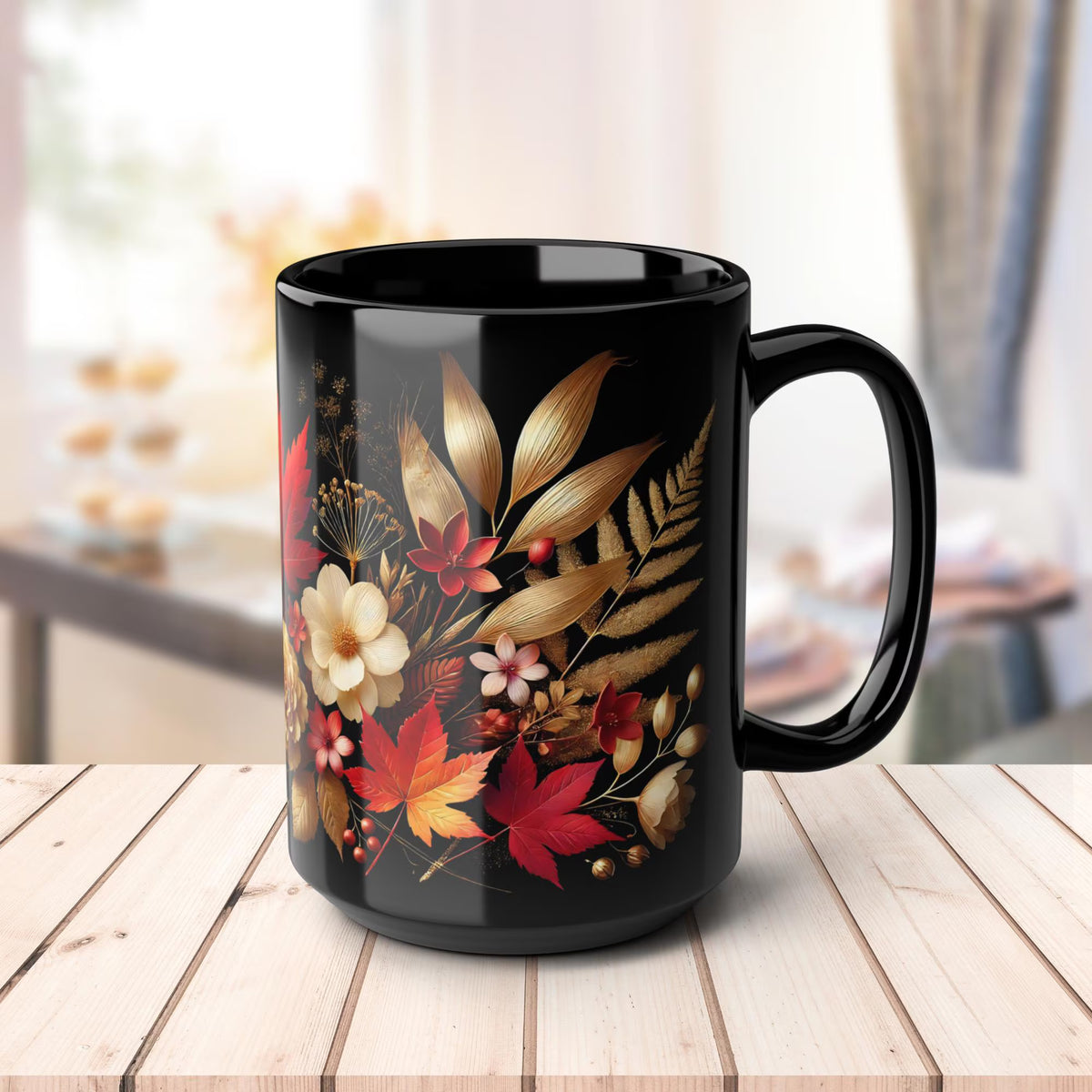 Fall Coffee Mug, Country Fall Autumn Mug, Maple Leaf Mug Pressed Flowers Leaves Style Mug Fall Colors Autumn Lover Gift Rustic Fall Mug 15oz