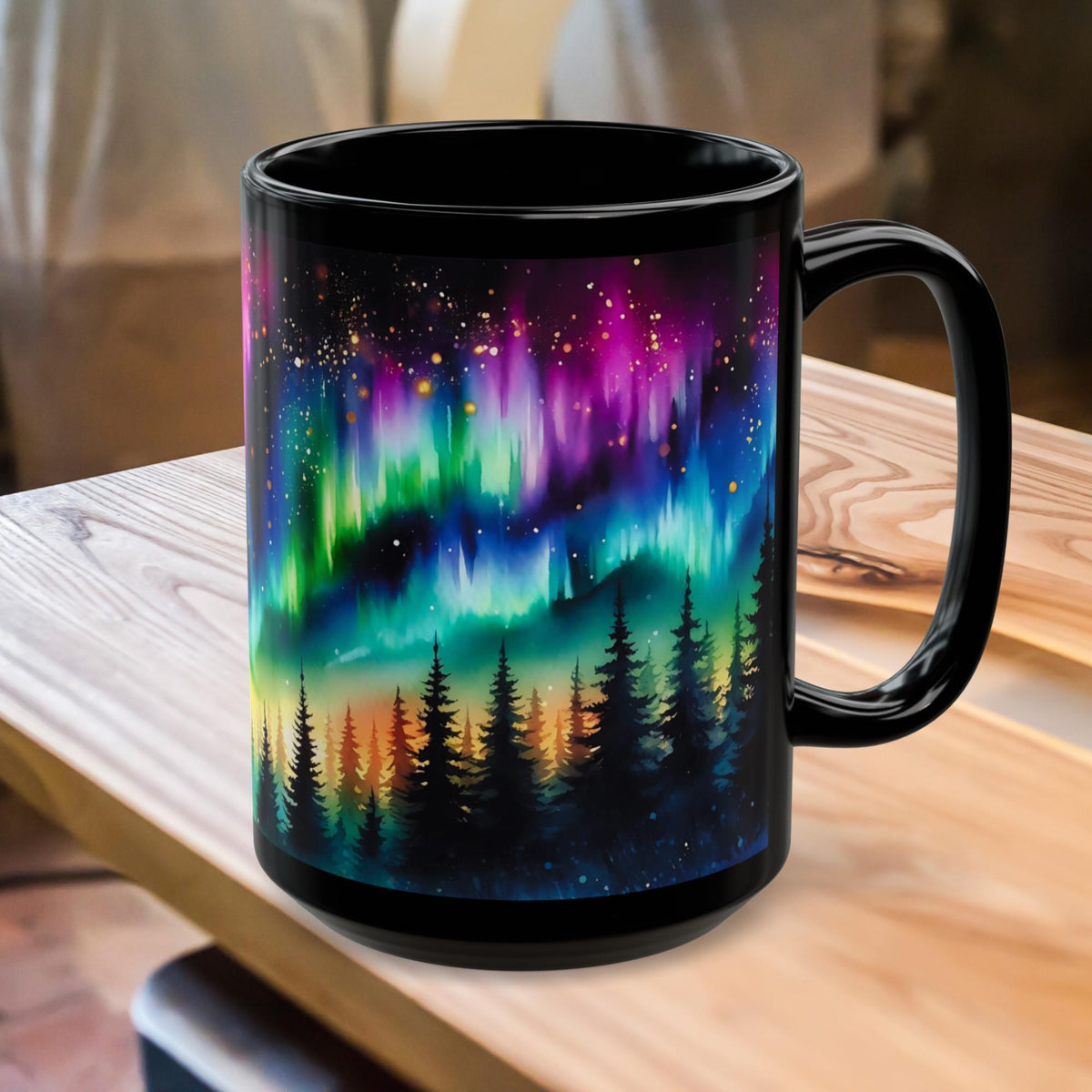 Northern Lights Mug, Aurora Borealis Cup, Northern Lights Drinkware, Colorful Sky Mug, Celestial Ceramic Mug, Xmas Gift Black Mug 11oz, 15oz