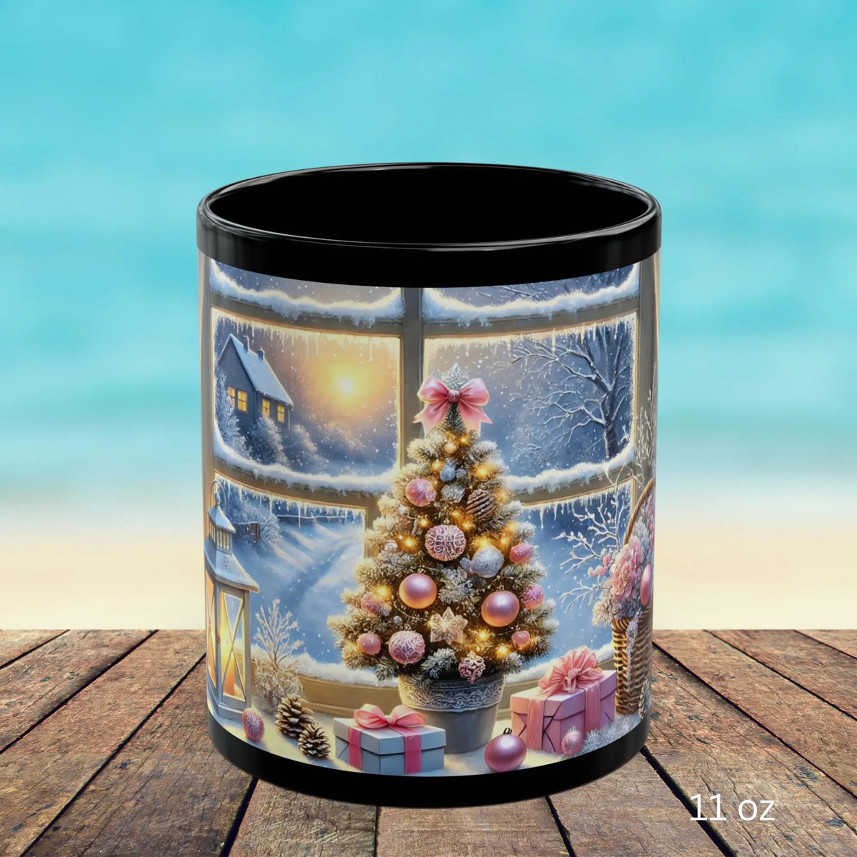 Cozy Christmas Snowy Window View Mug, Christmas Coffee Mug, Pink Holiday Decor Coffee Cup, Festive Kitchen Gift, Winter Mug 11oz, 15oz