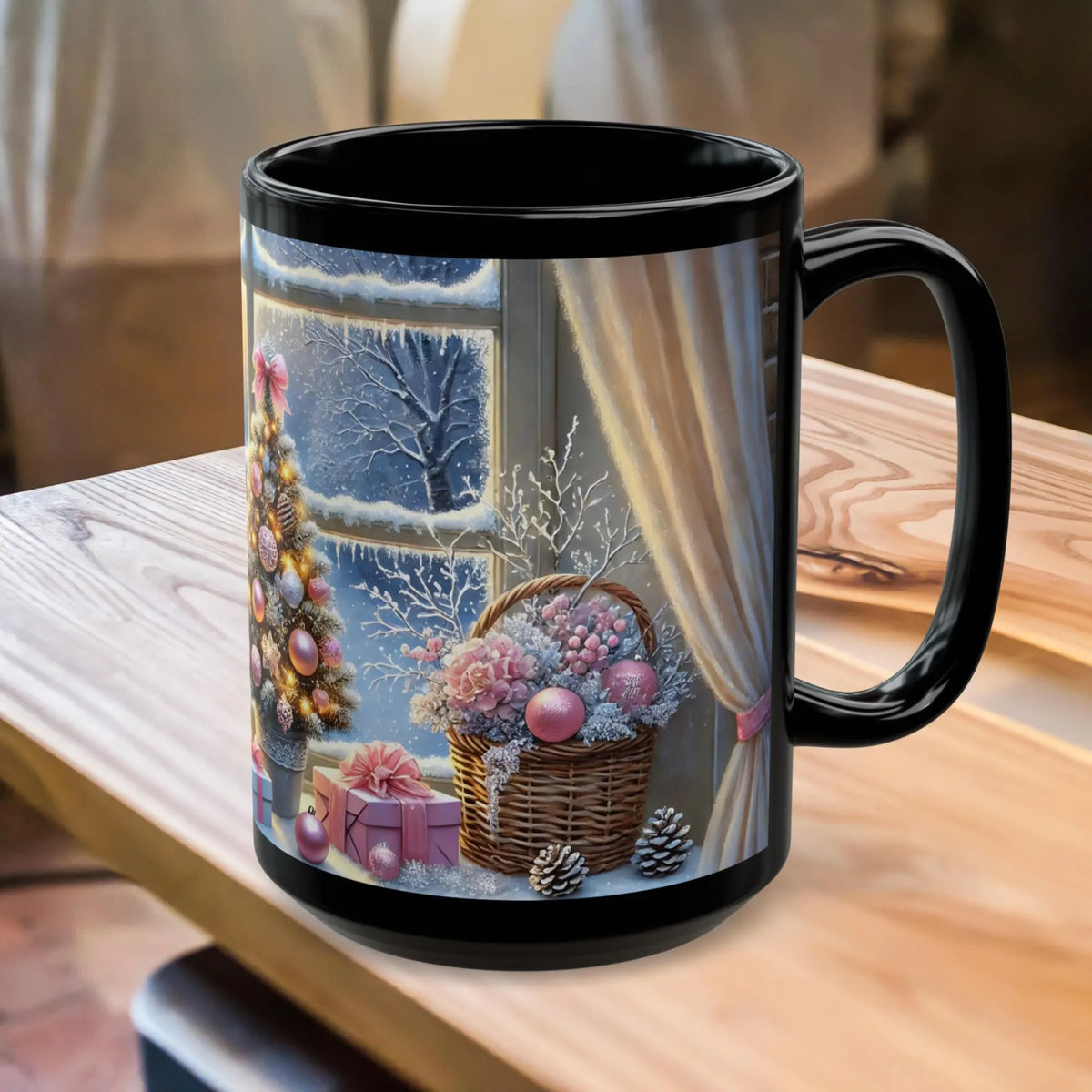 Cozy Christmas Snowy Window View Mug, Christmas Coffee Mug, Pink Holiday Decor Coffee Cup, Festive Kitchen Gift, Winter Mug 11oz, 15oz