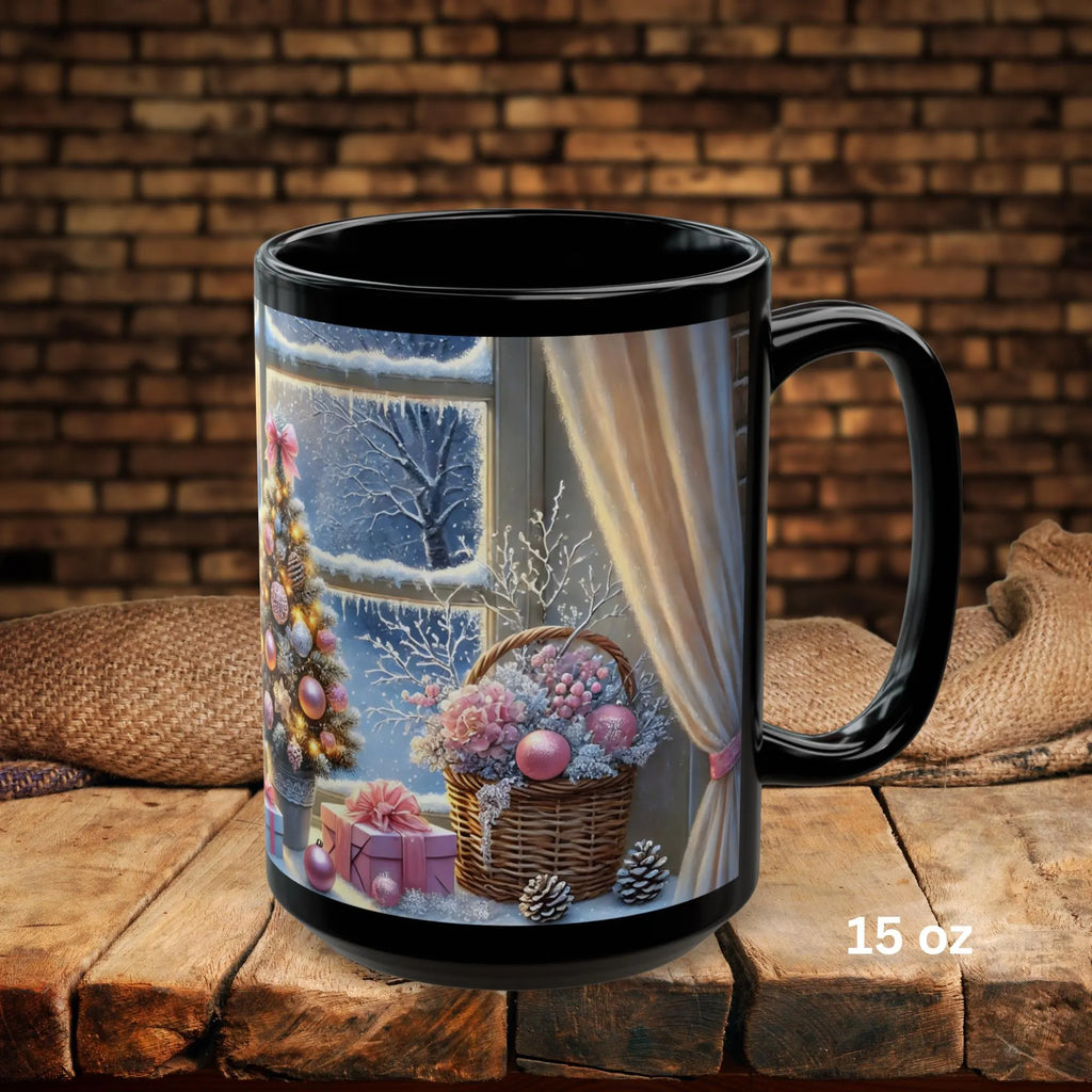 Cozy Christmas Snowy Window View Mug, Christmas Coffee Mug, Pink Holiday Decor Coffee Cup, Festive Kitchen Gift, Winter Mug 11oz, 15oz