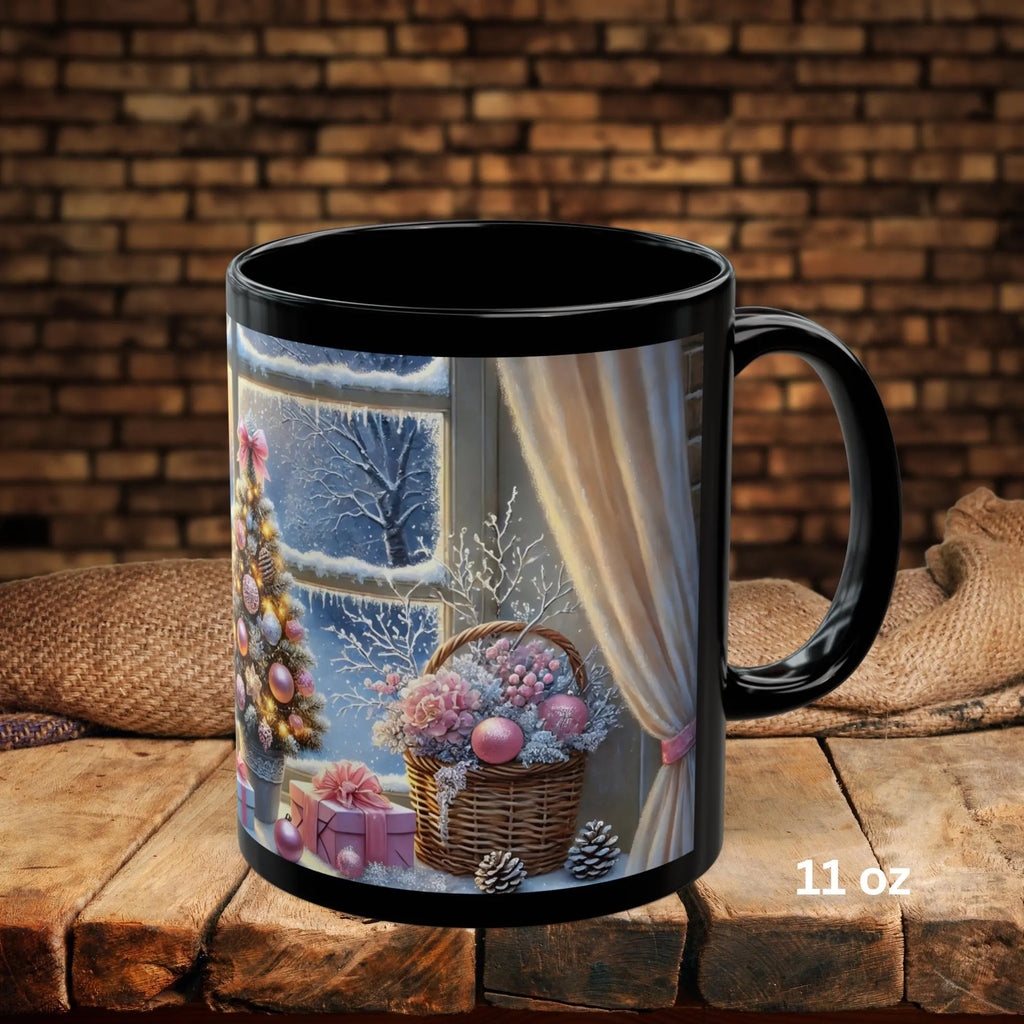 Cozy Christmas Snowy Window View Mug, Christmas Coffee Mug, Pink Holiday Decor Coffee Cup, Festive Kitchen Gift, Winter Mug 11oz, 15oz