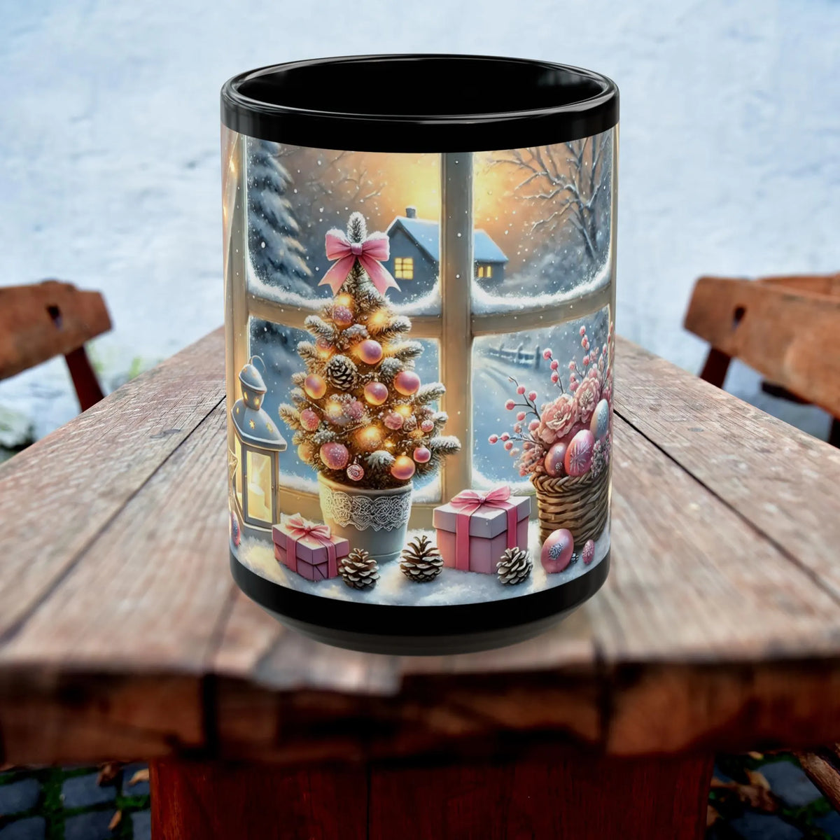 Cozy Christmas Snowy Window View Mug, Christmas Coffee Mug, Pink Holiday Decor Coffee Cup, Festive Kitchen Gift, Winter Mug 11oz, 15oz