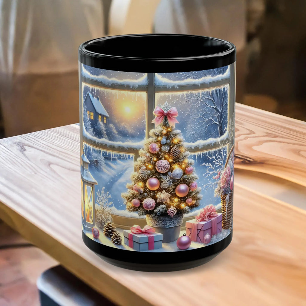 Cozy Christmas Snowy Window View Mug, Christmas Coffee Mug, Pink Holiday Decor Coffee Cup, Festive Kitchen Gift, Winter Mug 11oz, 15oz