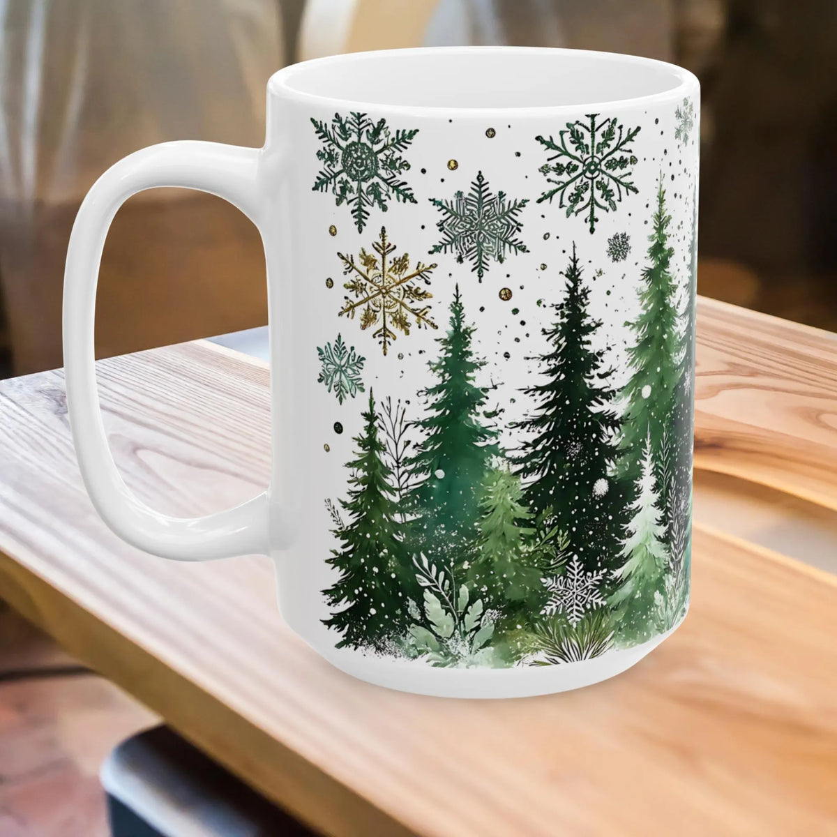 Snowy Pine Tree Winter Scene Mug, Evergreen Mug, Winter Themed Forest Coffee Mug, Cozy Christmas Gift for Forest Lovers, Holiday Gift 15oz