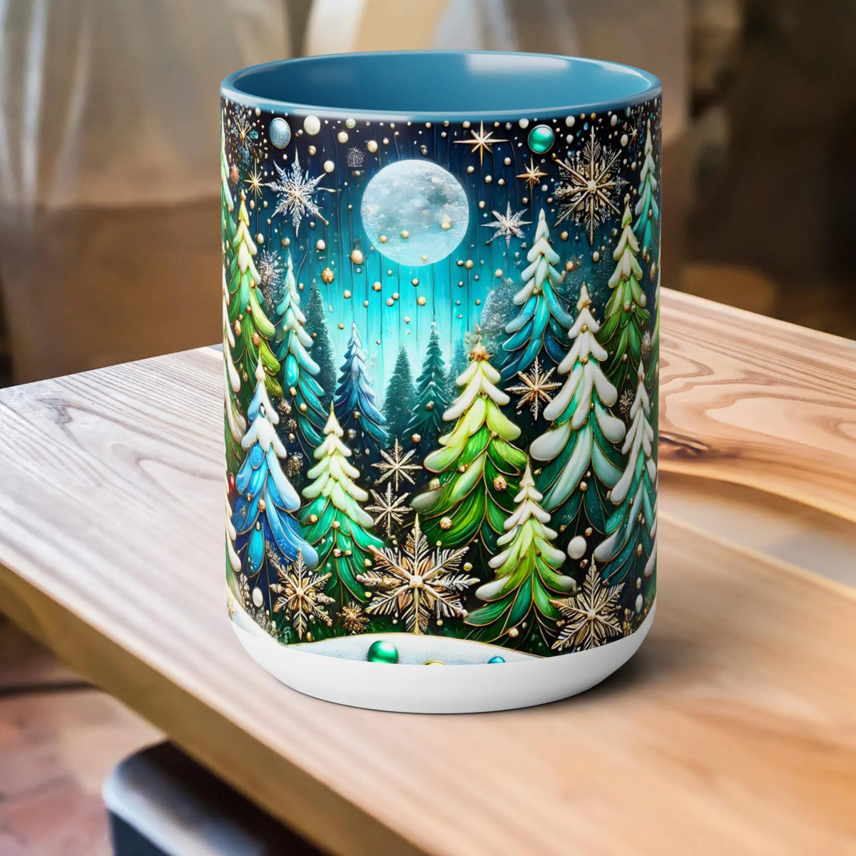Pine Forest Mug 15oz, Stained Glass Style Coffee Cup, Winter Evergreen Tree Mug, Nature Lover Christmas Gift