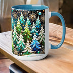 Pine Forest Mug 15oz, Stained Glass Style Coffee Cup, Winter Evergreen Tree Mug, Nature Lover Christmas Gift