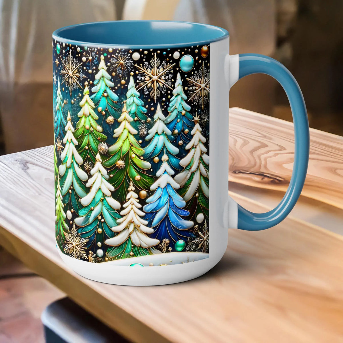 Pine Forest Mug 15oz, Stained Glass Style Coffee Cup, Winter Evergreen Tree Mug, Nature Lover Christmas Gift