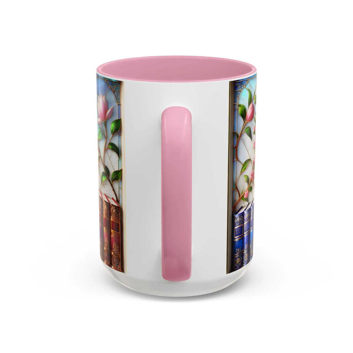Floral Bookshelf Coffee Mug, Bookish Faux Stained-Glass Mug, Book Lover Gift, Reading Mug for Women, Library Floral Cup 15oz
