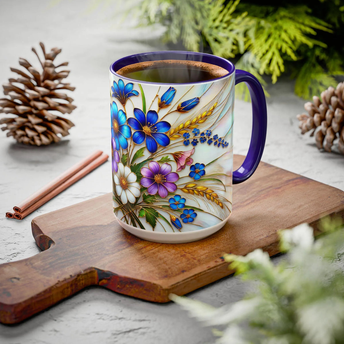 Blue Wildflower Mug, Stained Glass Style Floral Coffee Cup 15oz
