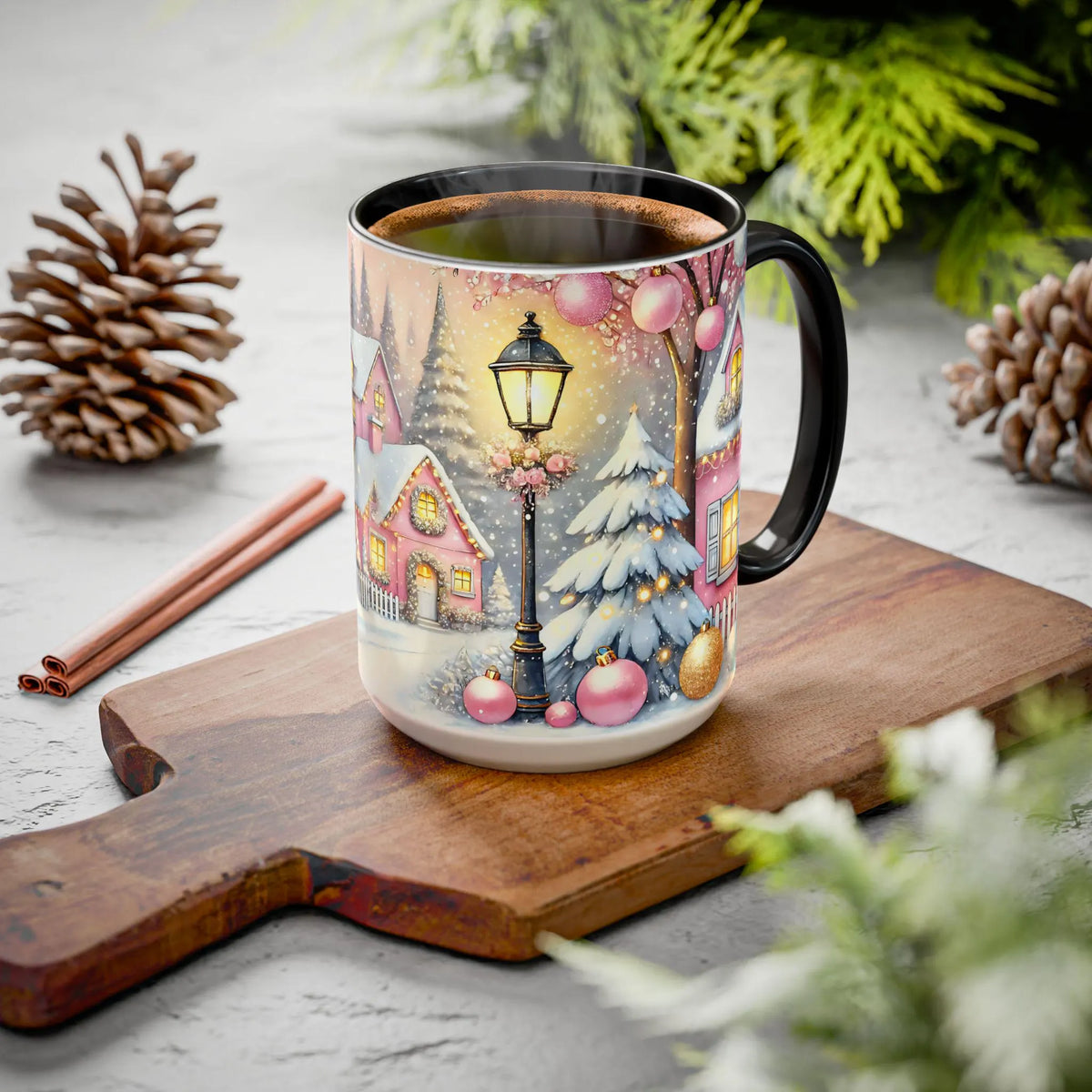 Pink Christmas Village Mug, Christmas Movie Mug, Christmas Coffee Mug Gift, Merry Christmas Mug, Winter Mug, Holiday Kitchen Decor 15 oz