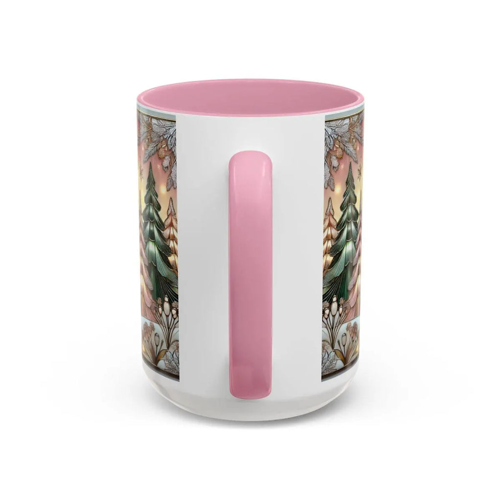 Pink Christmas Tree Mug, Stained Glass Style Forest Coffee Cup, Nature Lover Gift, Holiday Mug for Women, Winter Gift Idea