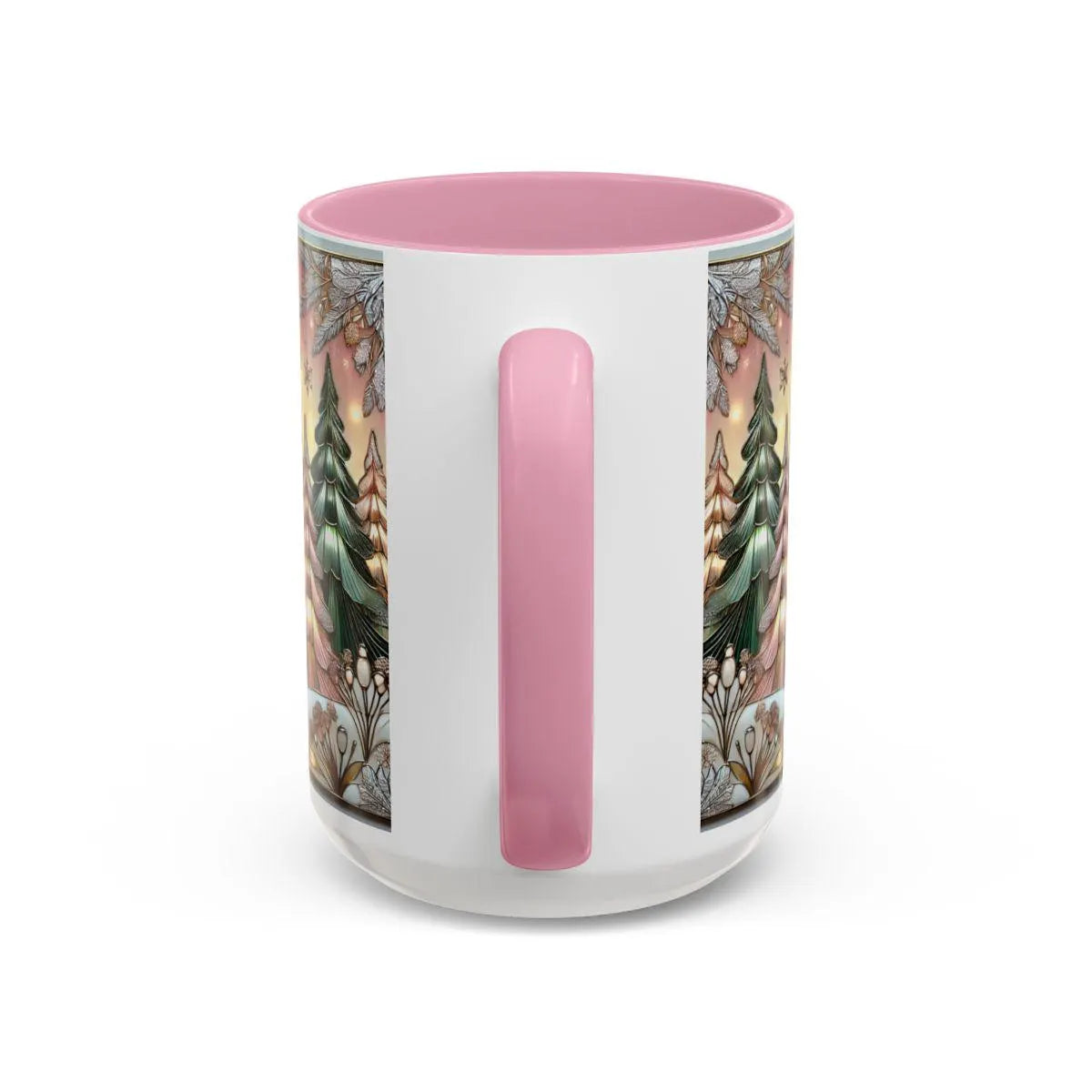 Pink Christmas Tree Mug, Stained Glass Style Forest Coffee Cup, Nature Lover Gift, Holiday Mug for Women, Winter Gift Idea
