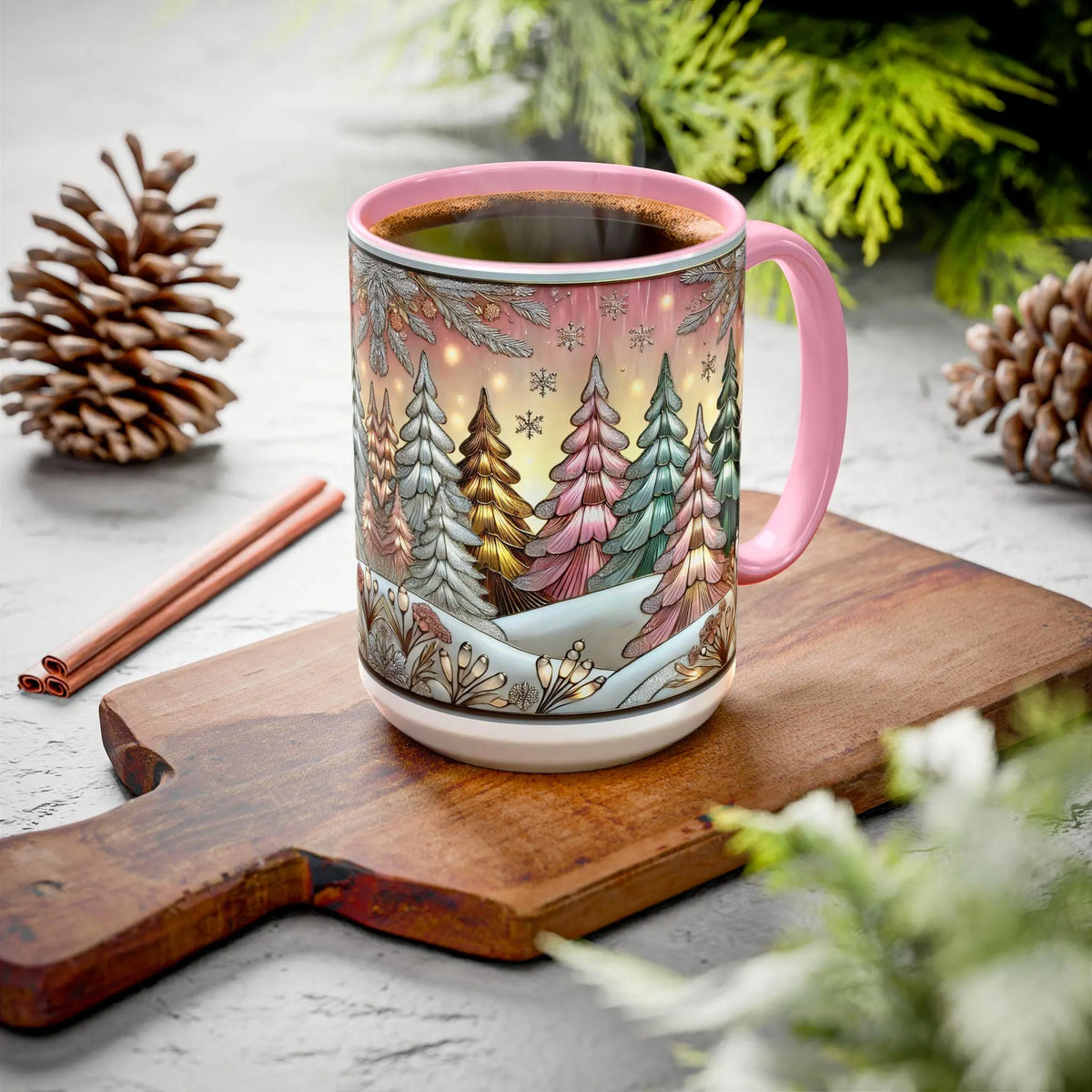 Pink Christmas Tree Mug, Stained Glass Style Forest Coffee Cup, Nature Lover Gift, Holiday Mug for Women, Winter Gift Idea