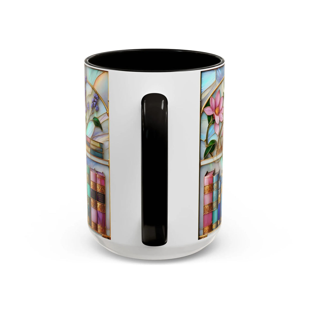 Floral Bookshelf Coffee Mug, Bookish Stained-Glass Style Mug, Book Lover Gift, Reading Mug for Women, Library Aesthetic Cup 15oz