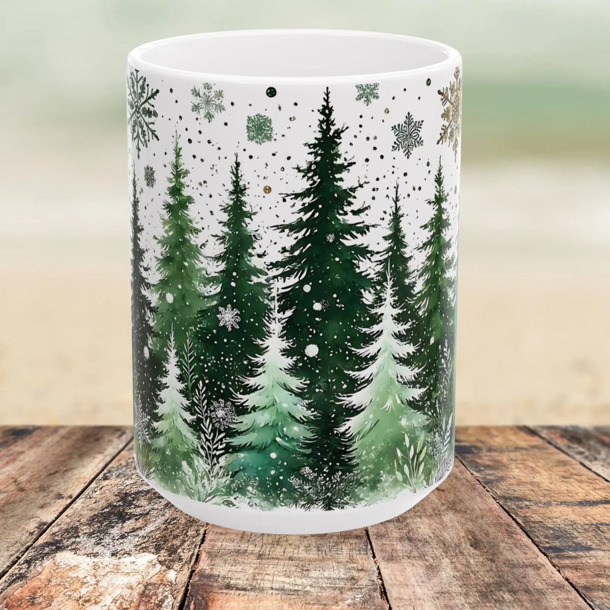 Snowy Pine Tree Winter Scene Mug, Evergreen Mug, Winter Themed Forest Coffee Mug, Cozy Christmas Gift for Forest Lovers, Holiday Gift 15oz