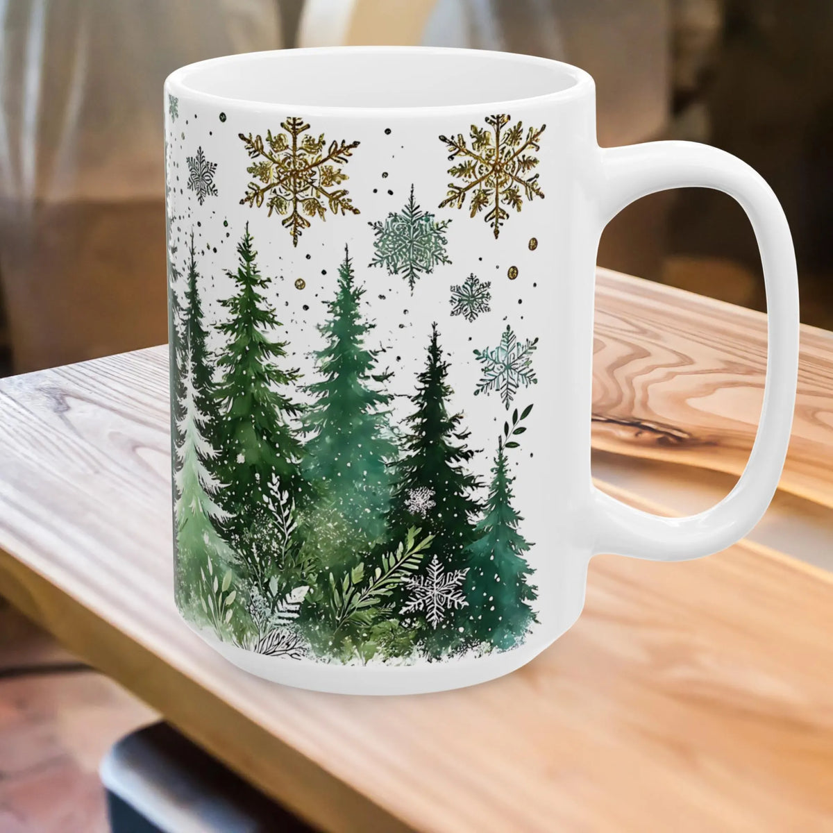 Snowy Pine Tree Winter Scene Mug, Evergreen Mug, Winter Themed Forest Coffee Mug, Cozy Christmas Gift for Forest Lovers, Holiday Gift 15oz