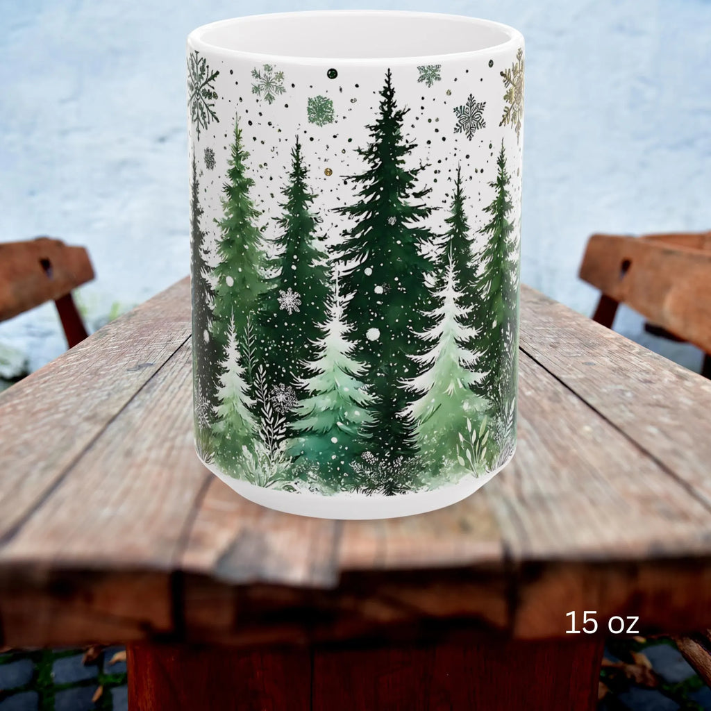 Snowy Pine Tree Winter Scene Mug, Evergreen Mug, Winter Themed Forest Coffee Mug, Cozy Christmas Gift for Forest Lovers, Holiday Gift 15oz