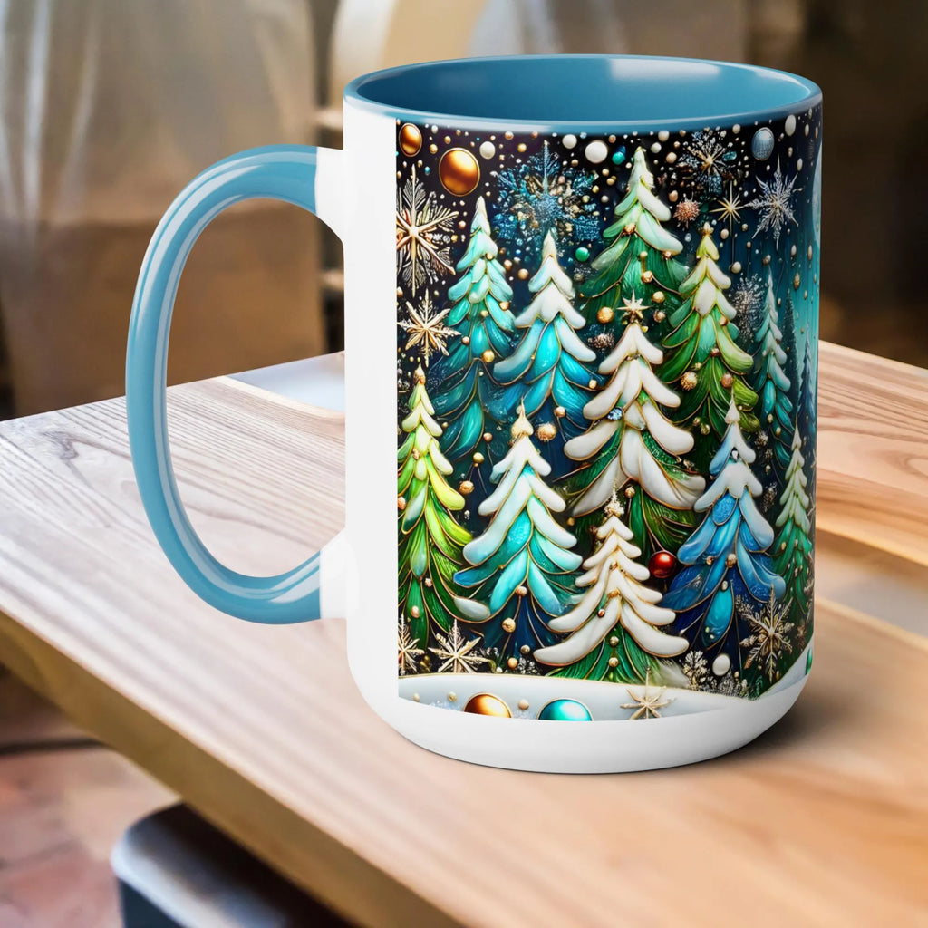 Pine Forest Mug 15oz, Stained Glass Style Coffee Cup, Winter Evergreen Tree Mug, Nature Lover Christmas Gift