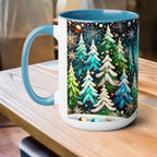 Pine Forest Mug 15oz, Stained Glass Style Coffee Cup, Winter Evergreen Tree Mug, Nature Lover Christmas Gift