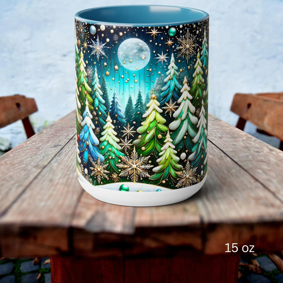 Pine Forest Mug 15oz, Stained Glass Style Coffee Cup, Winter Evergreen Tree Mug, Nature Lover Christmas Gift