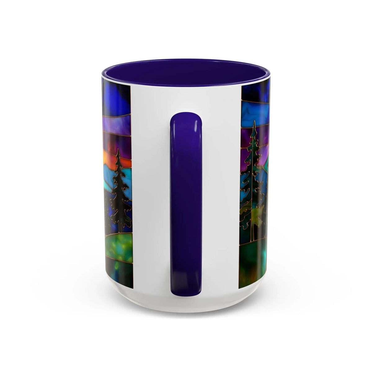Stained Glass Style Sunset Mountains Coffee Mug, Pine Forest Cup Gift 15oz