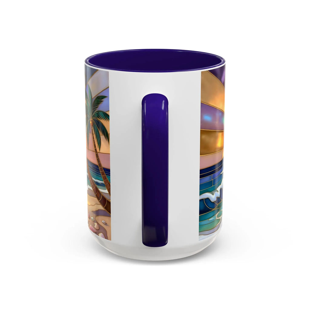 Beach Sunrise Stained Glass Style Mug, Coastal Ocean Coffee Cup, Sunrise Sea Mug, Beach Lover Cup 15oz
