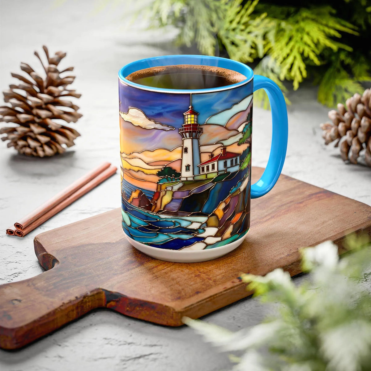 Lighthouse Sunset Mug, Coastal Stained Glass Style Coffee Cup 15oz, Nautical Coffee Mug